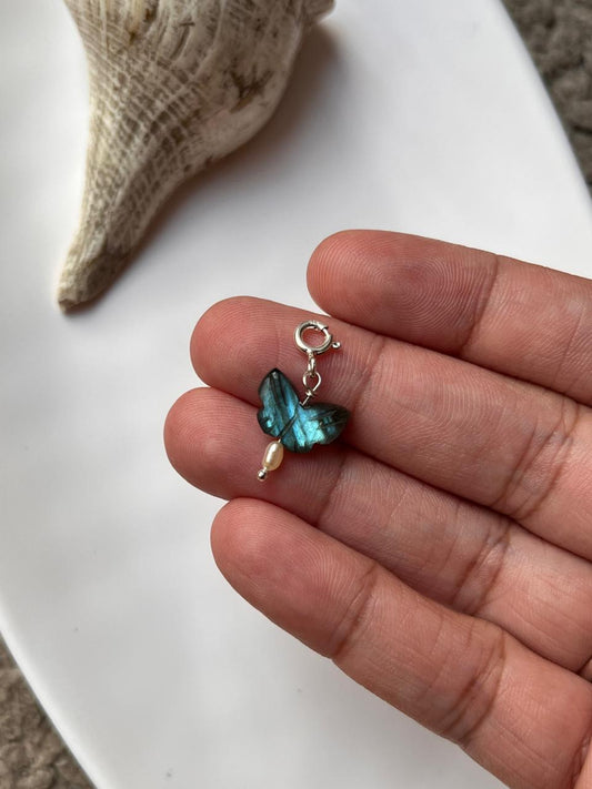 Labradorite Butterfly with Pearl Crystal Charm