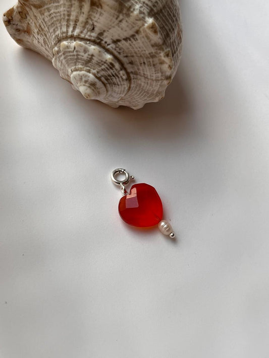 Carnelian Heart Pendant with Freshwater Pearl 925 Sterling Silver Crystal
