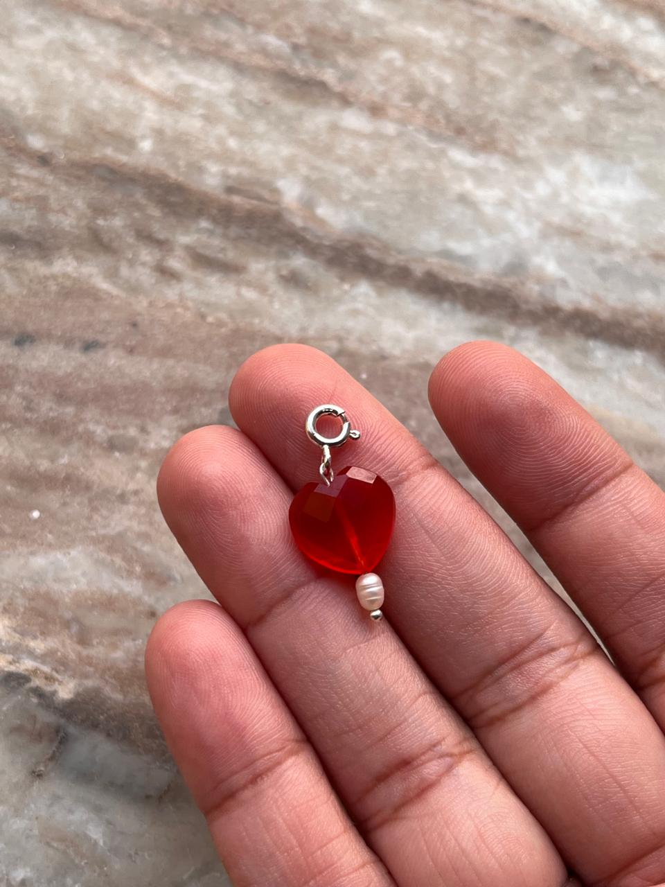 Carnelian Heart with Pearl Crystal Charm