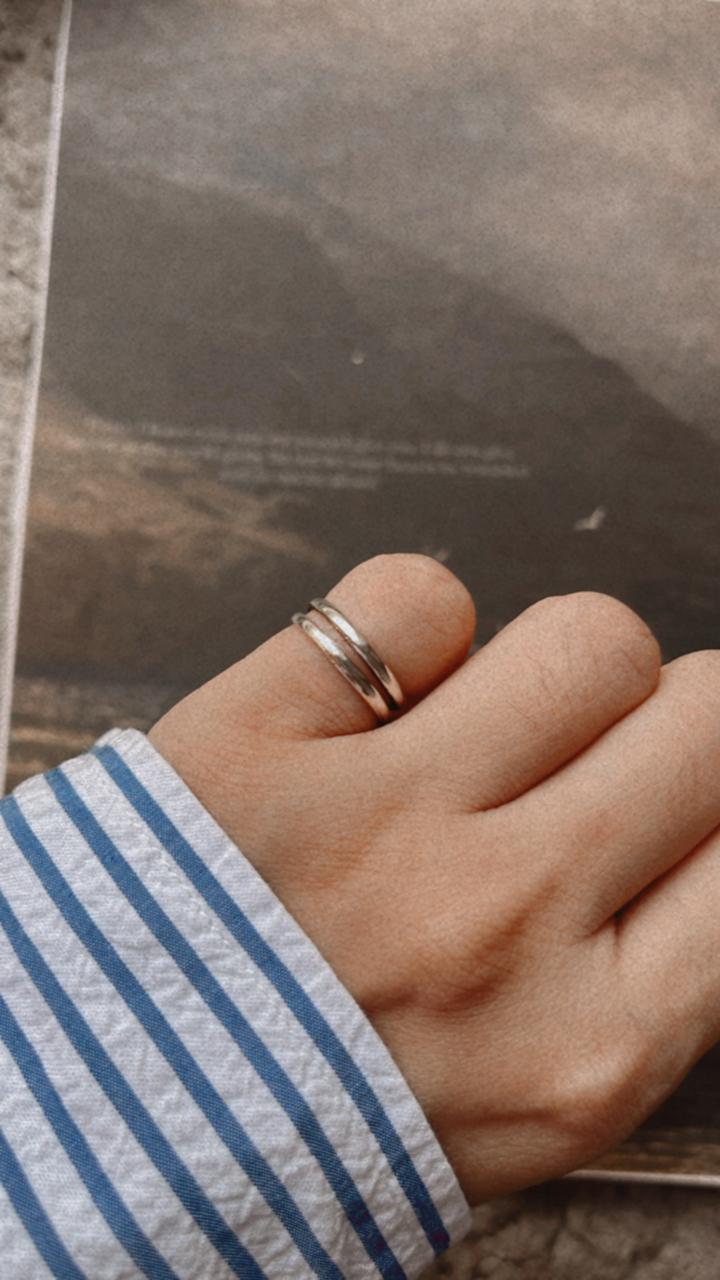 Contemporary double stack silver ring with adjustable band for a perfect fit