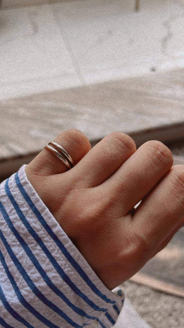 Handcrafted double stack adjustable silver ring with modern design