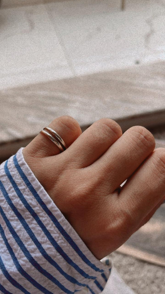 Handcrafted double stack adjustable silver ring with modern design