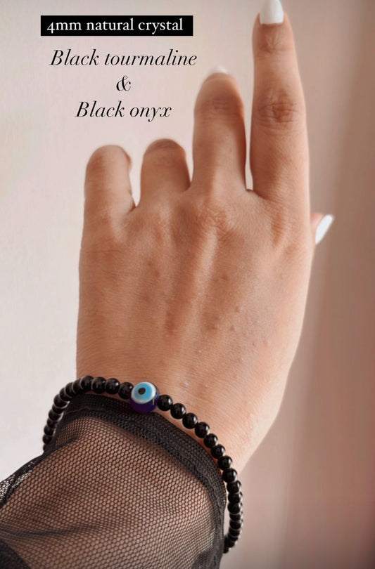 Black Onyx, Black Tourmaline, and Evil Eye 8MM Nazariya Crystal Bracelet