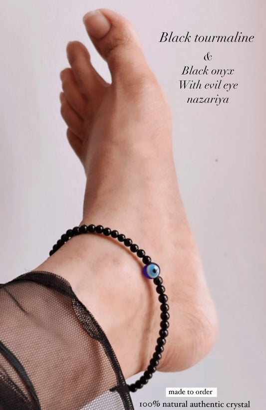 Black Onyx and Black Tourmaline Evil Eye Anklet