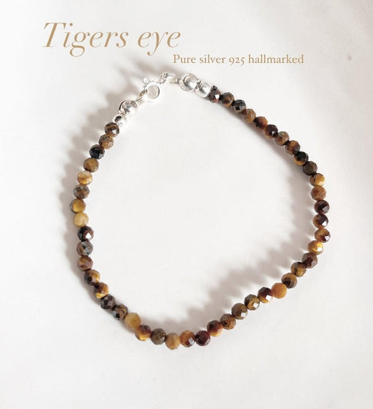 Tiger Eye 3MM-4MM Faceted Crystal Silver Bracelet