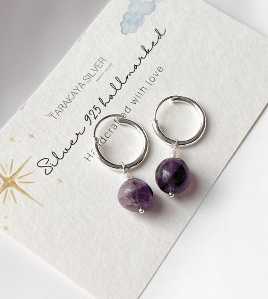 Amethyst Charm Silver Hoops