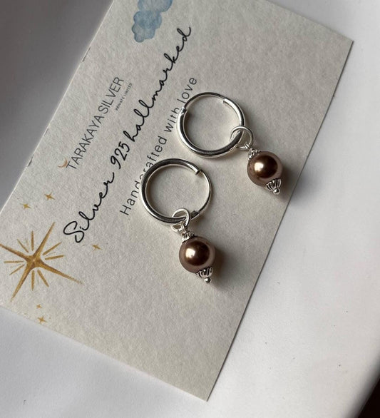 Brown Faux Pearl Charm Silver Hoops