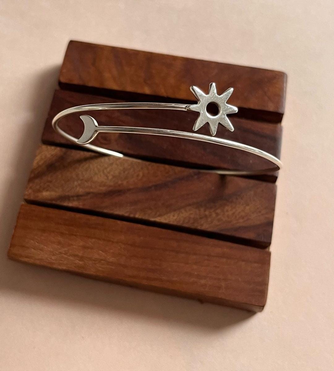 Sun and Moon Adjustable Silver Cuff Bracelet