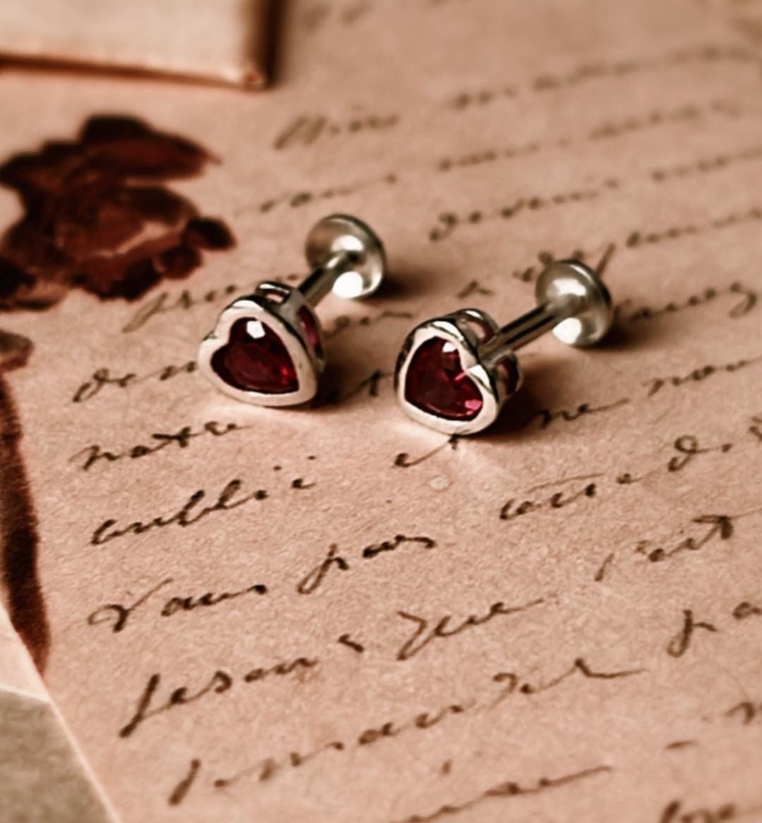 Elegant Pink CZ Heart South Screw Silver Studs