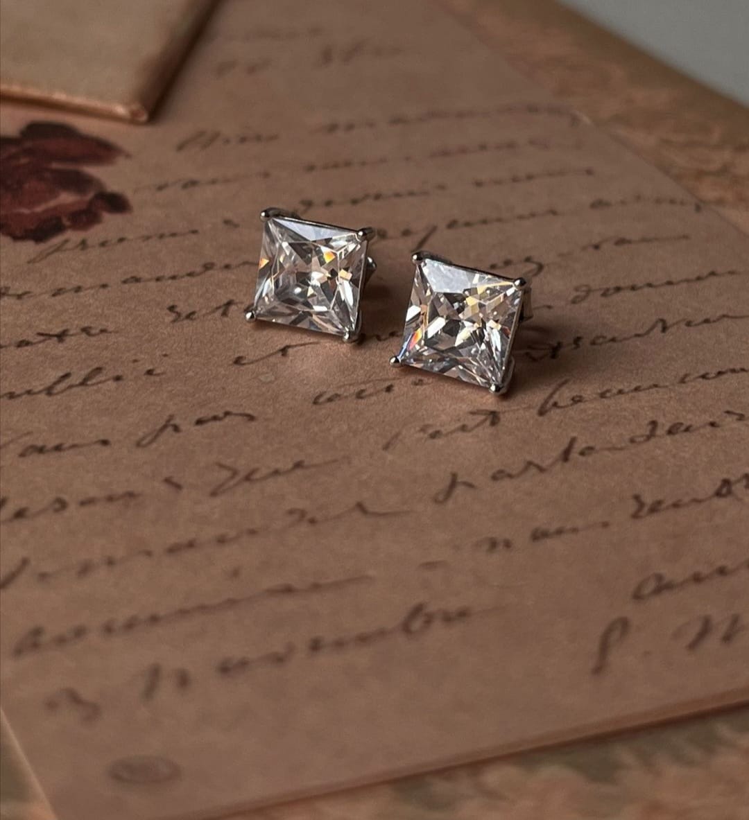 White CZ square cut 7mm silver stud earrings