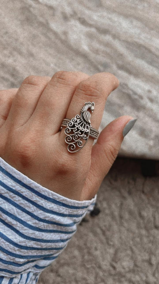 Antique Filigree Style Mor / Peacock Statement Silver 925 Adjustable Ring