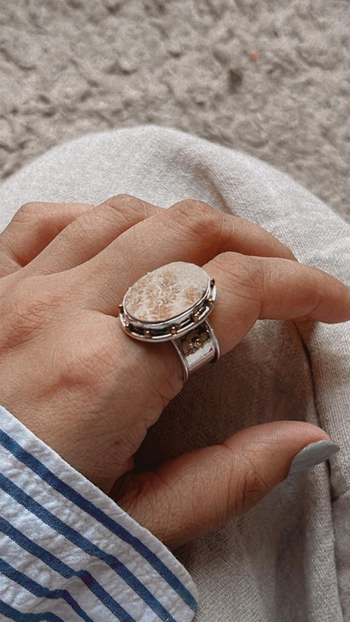 Boho Style Picture Jasper Statement Ring in Silver