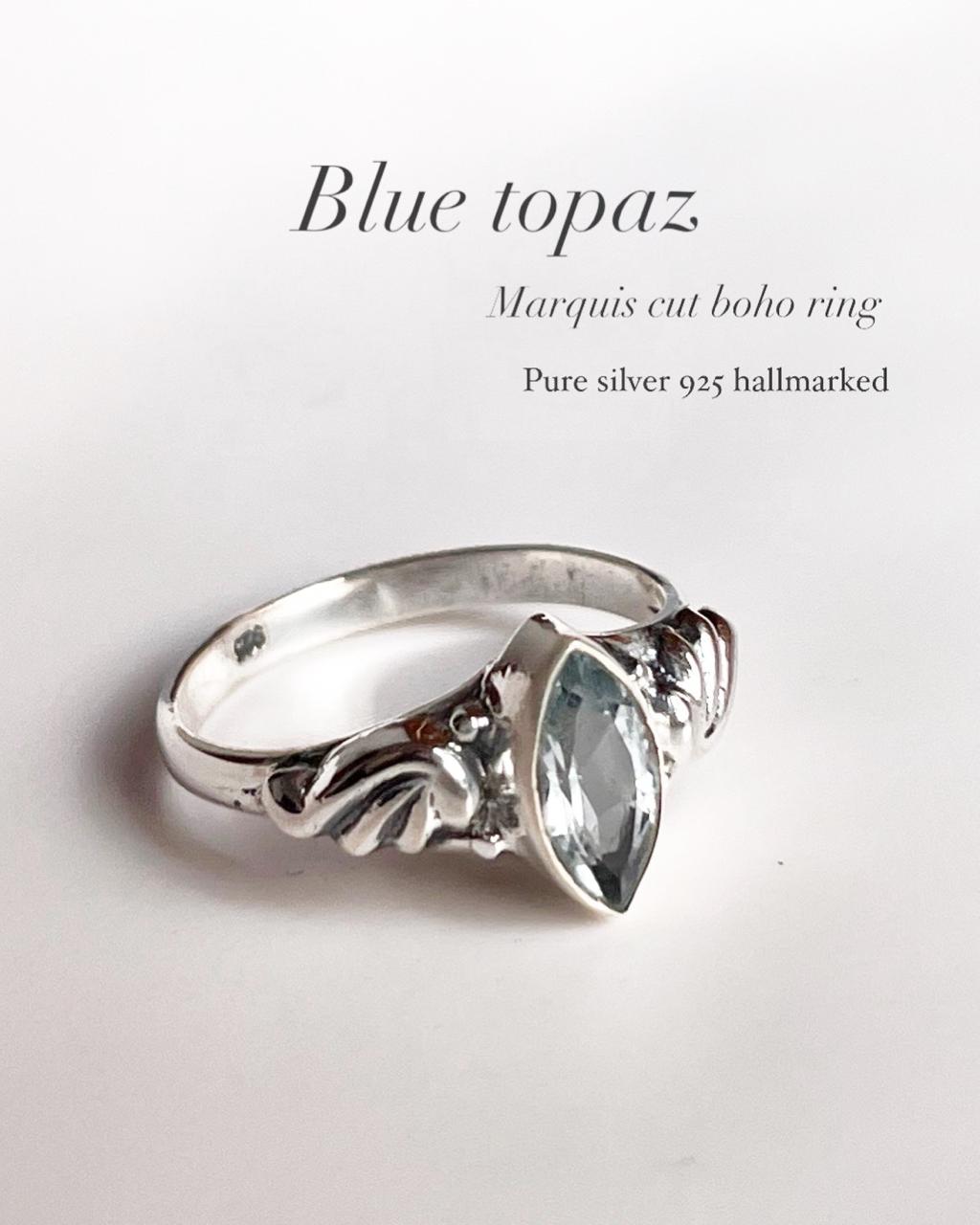Blue Topaz Marquis Cut Boho Silver Ring