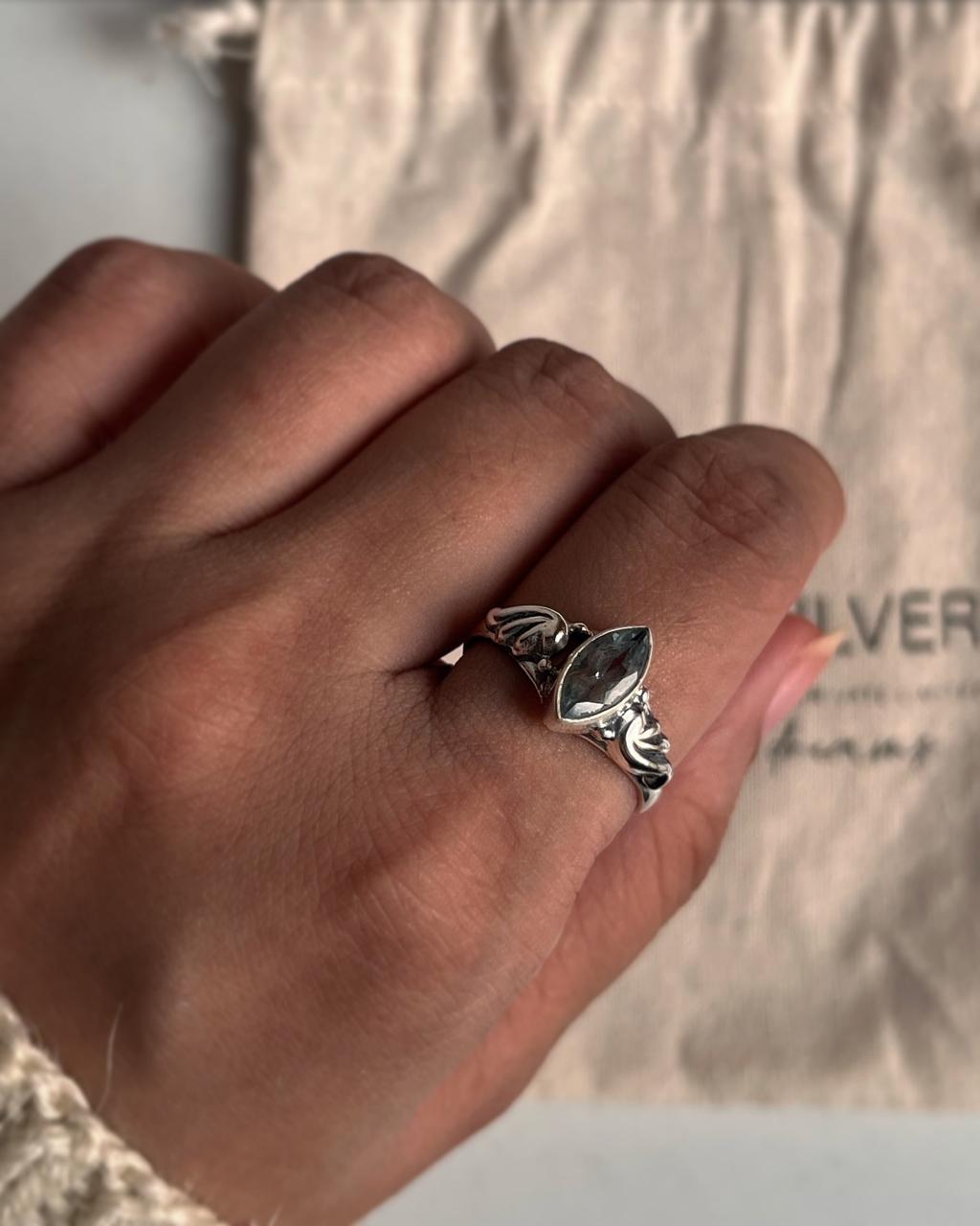Unique Blue Topaz Marquis Cut Silver Boho Ring