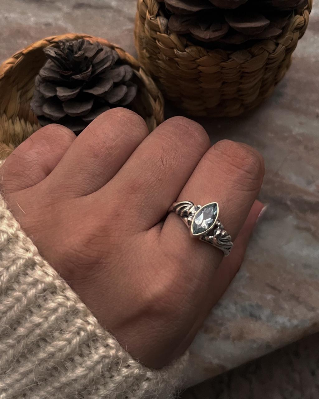 Timeless Blue Topaz Silver Boho Ring with Marquis Cut