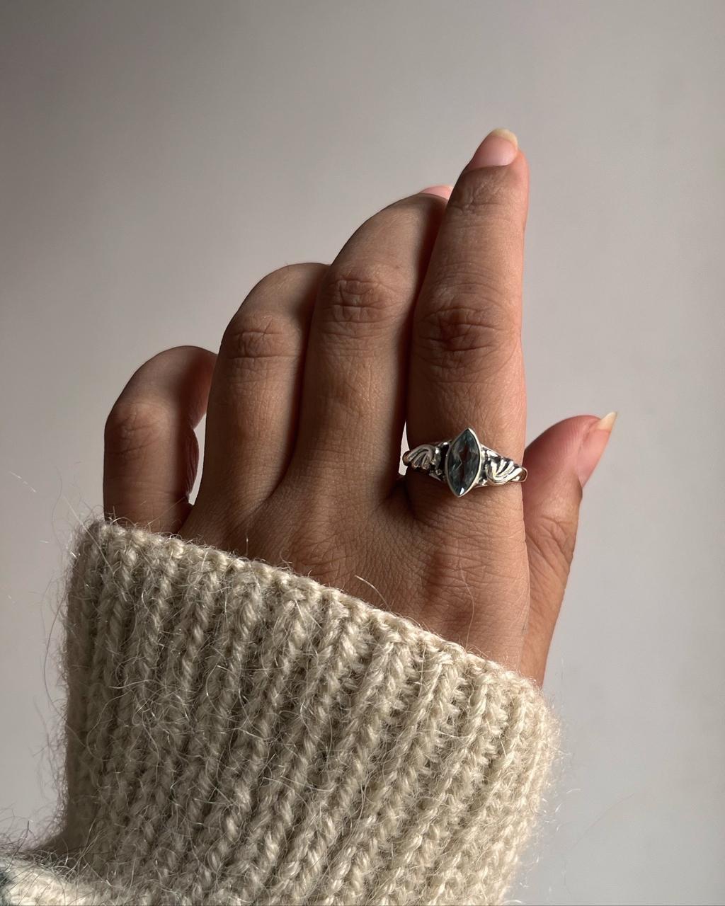 Chic Blue Topaz Marquis Cut Silver Boho Ring