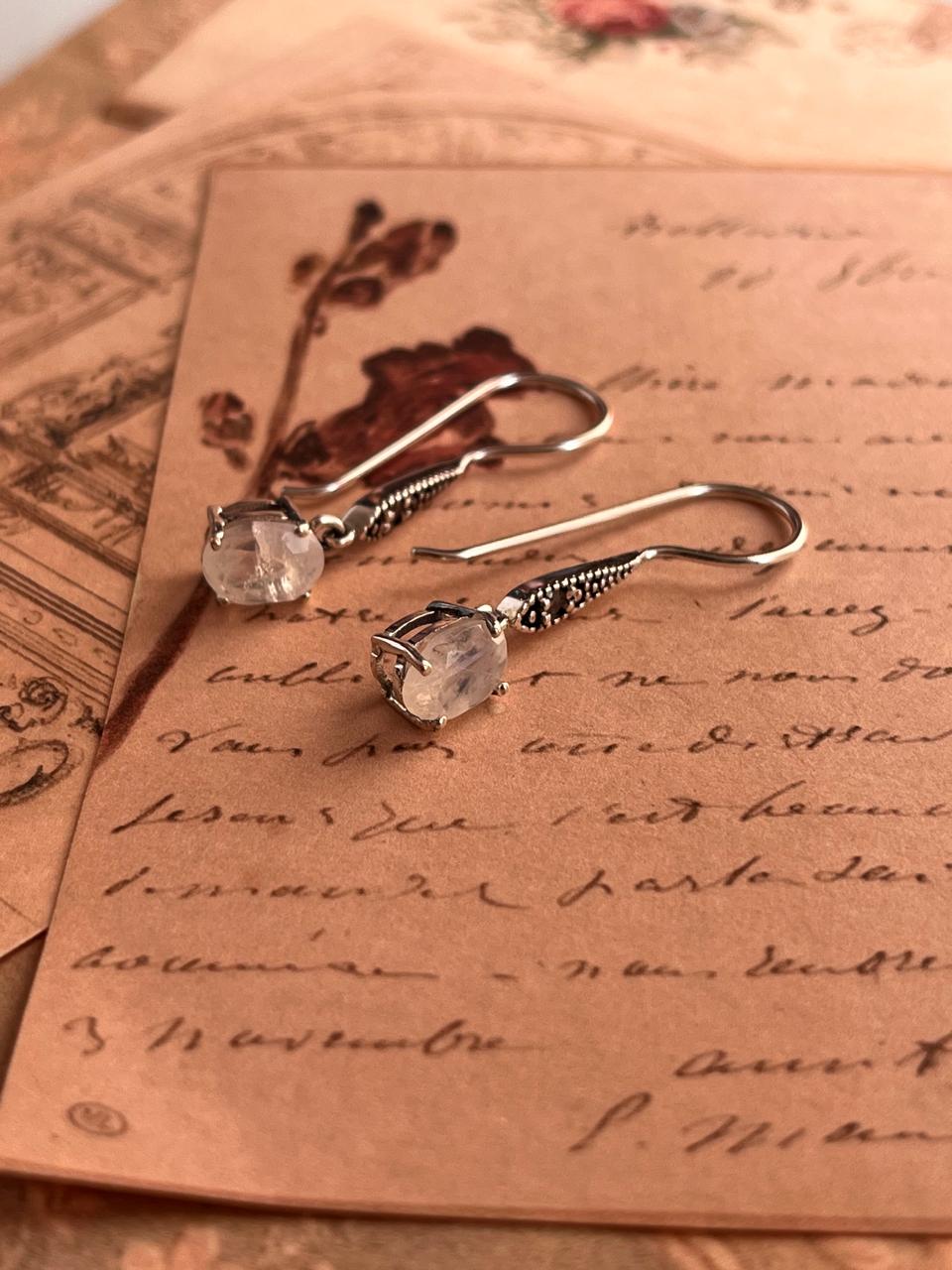 Moonstone Oval Cut Vintage Inspired Silver Earrings