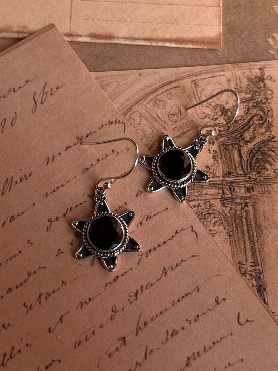 Garnet Boho Sun Silver Earrings