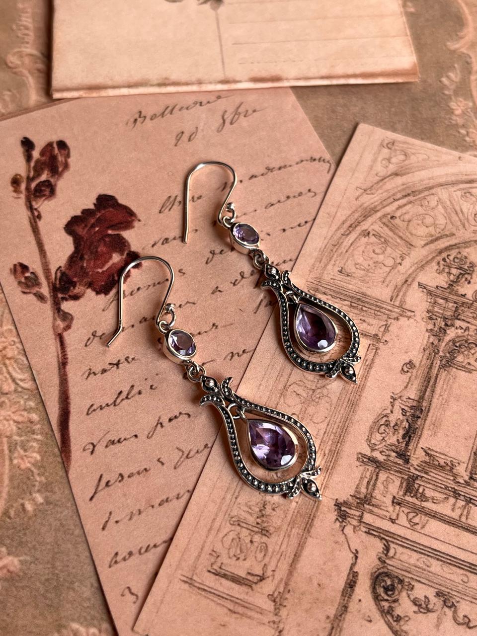 Amethyst Vintage Style Pear & Round Cut Silver Earrings