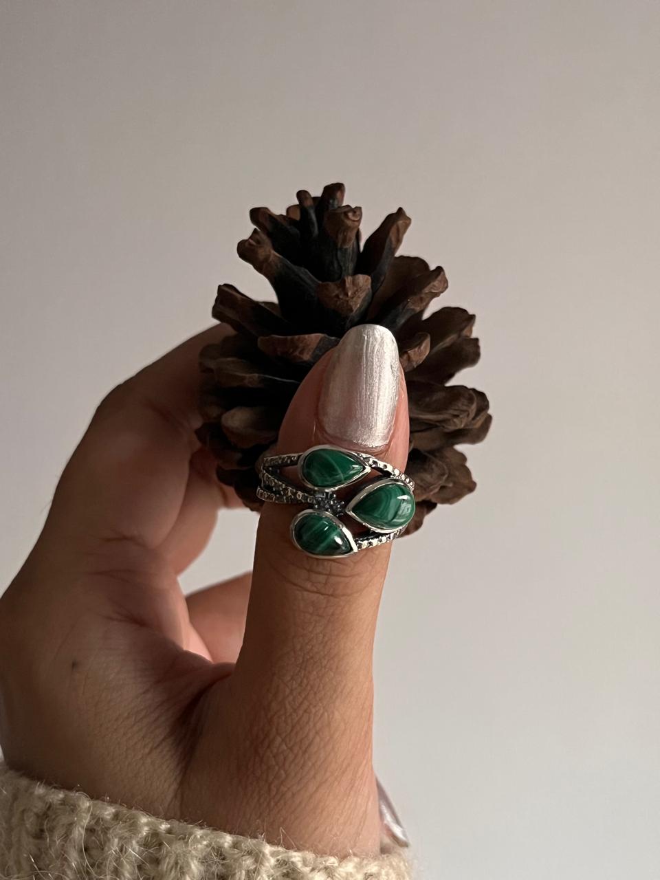 Malachite 3 Stone Statement Silver Ring with Bold Design