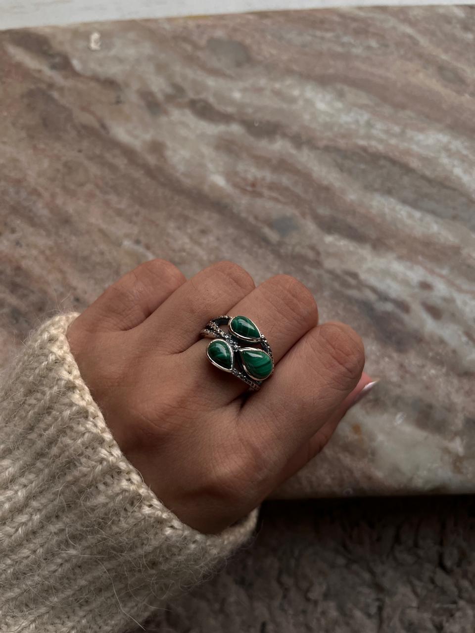 Handcrafted Malachite 3 Stone Silver Ring with Elegant Detailing