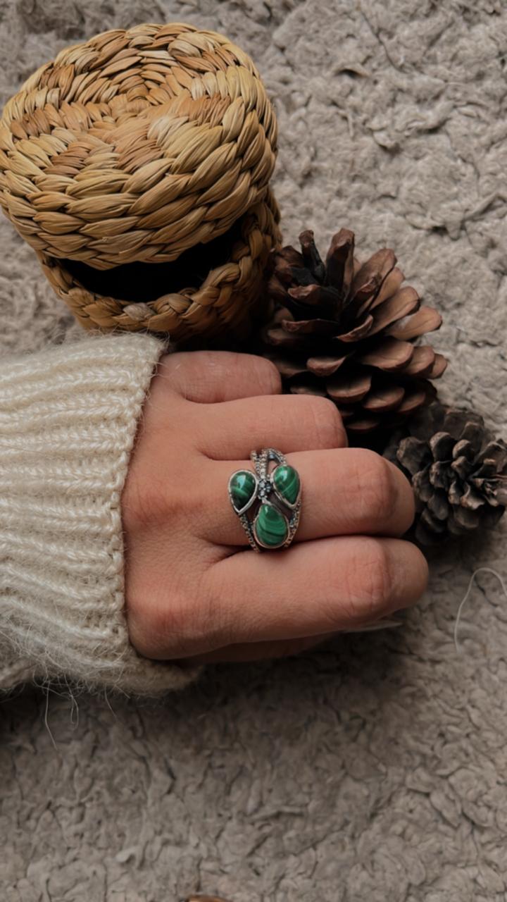 Malachite 3 Stone Statement Ring in Sterling Silver