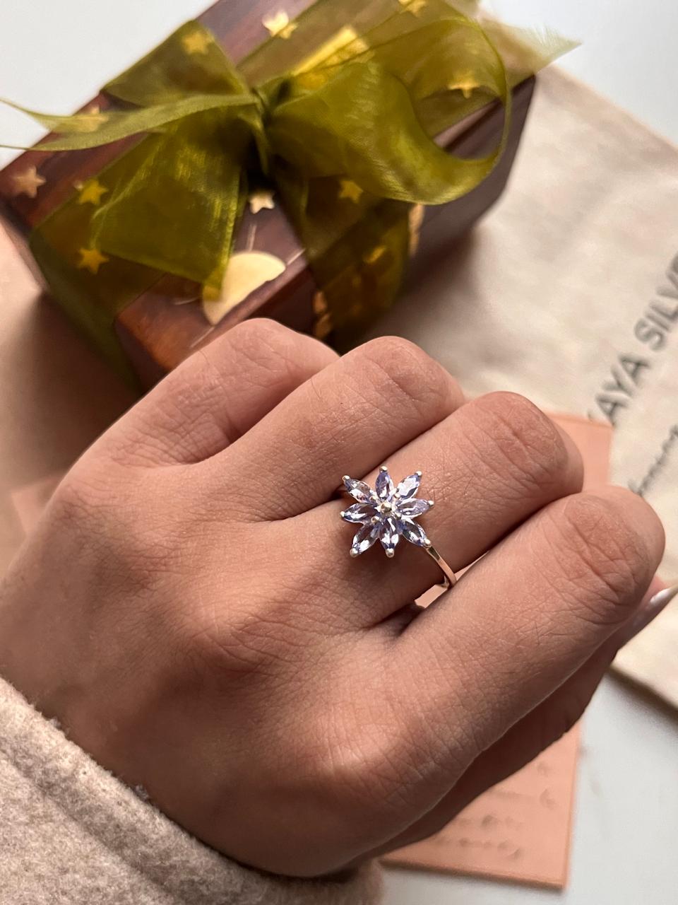 Tanzanite floral sterling silver ring
