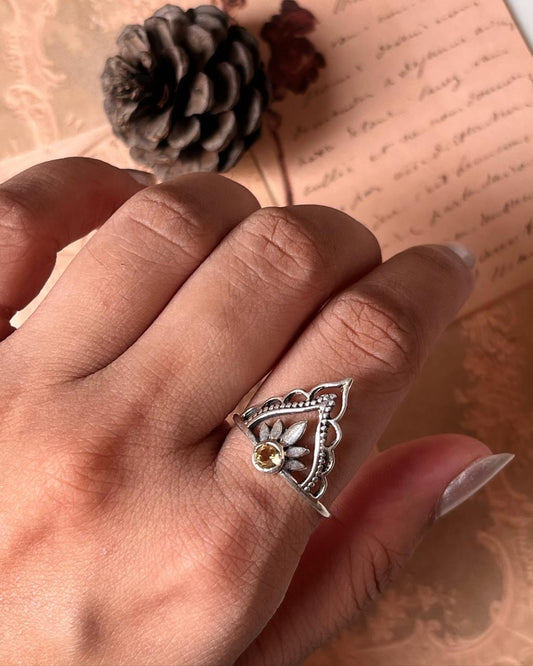 Citrine crown boho silver ring with intricate design