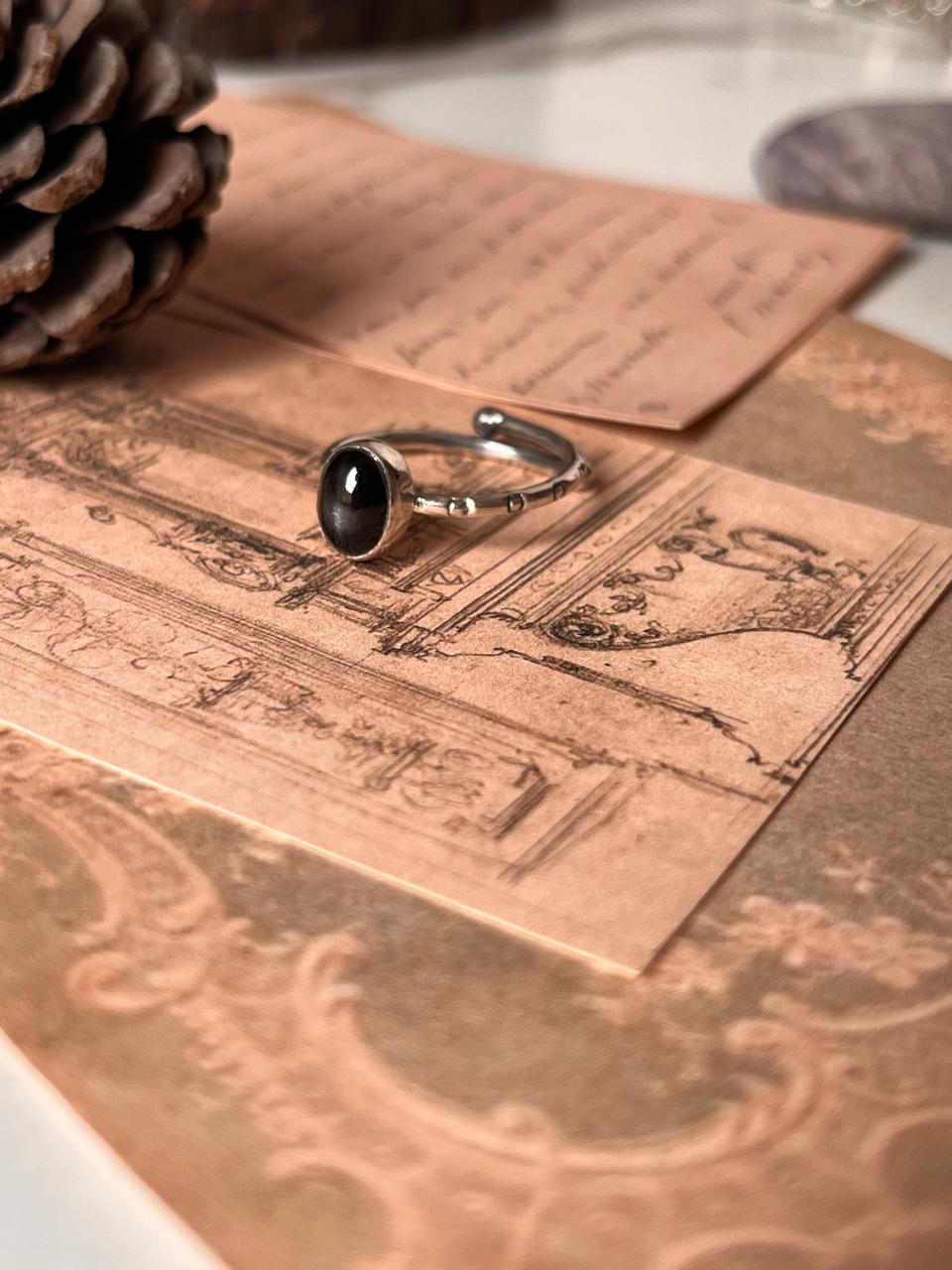 Elegant black onyx oval star tribal engraved silver ring