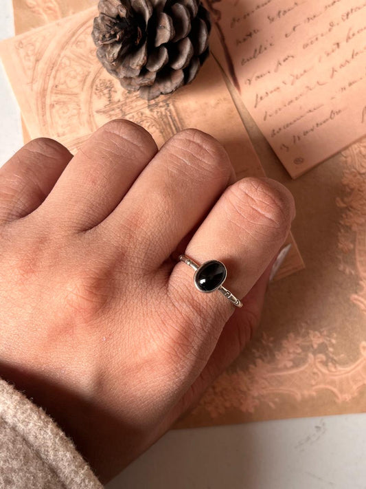 Star black onyx oval tribal engraved adjustable silver ring