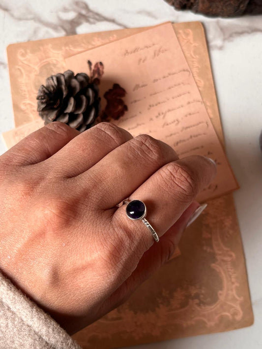 Tribal Engraved Silver Ring Featuring Round Amethyst and Adjustable Band