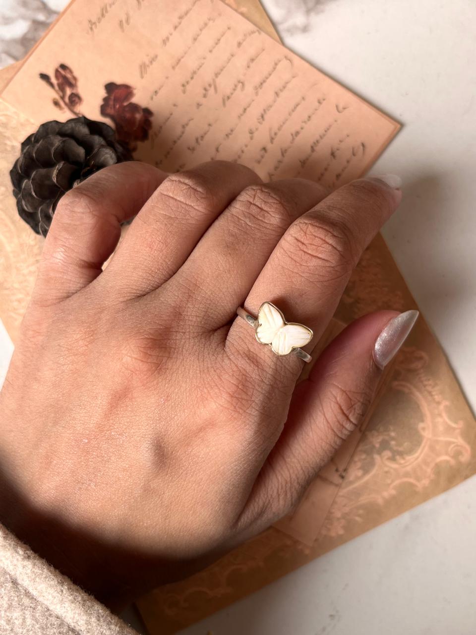 Adjustable Silver Ring Featuring Mother of Pearl Butterfly