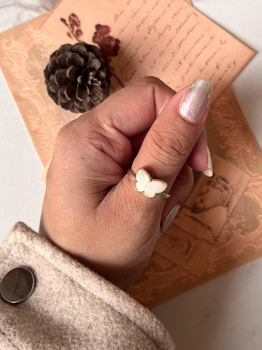 Sterling Silver Adjustable Ring with Mother of Pearl Butterfly