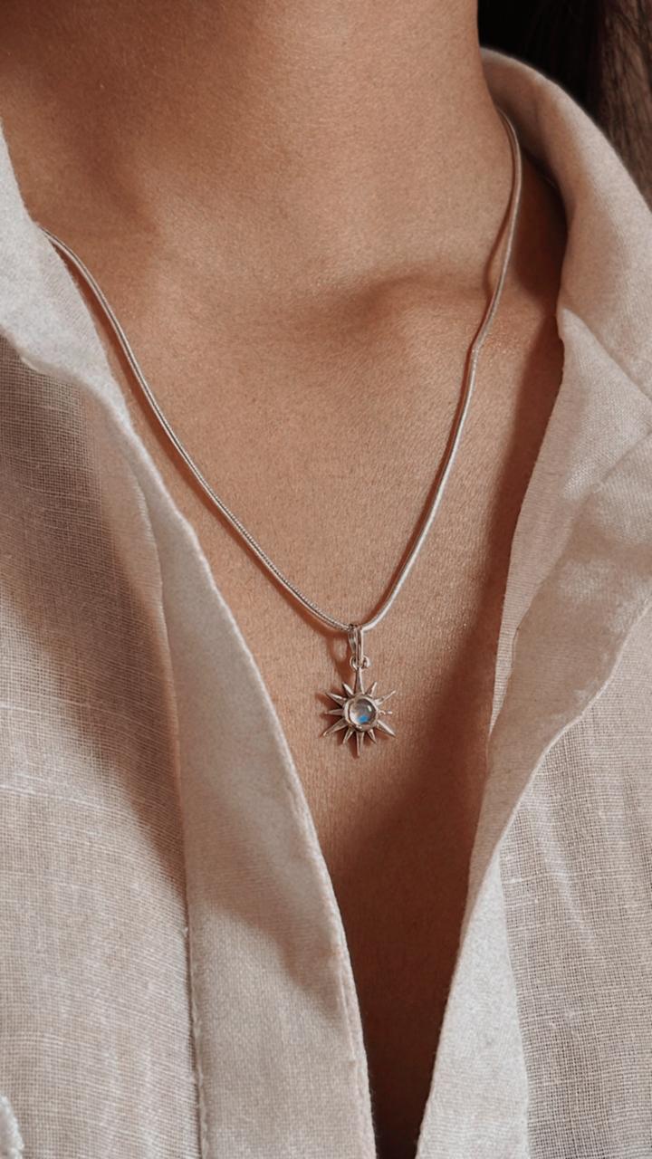 Natural Moonstone Pendant with Classic Silver Snake Chain