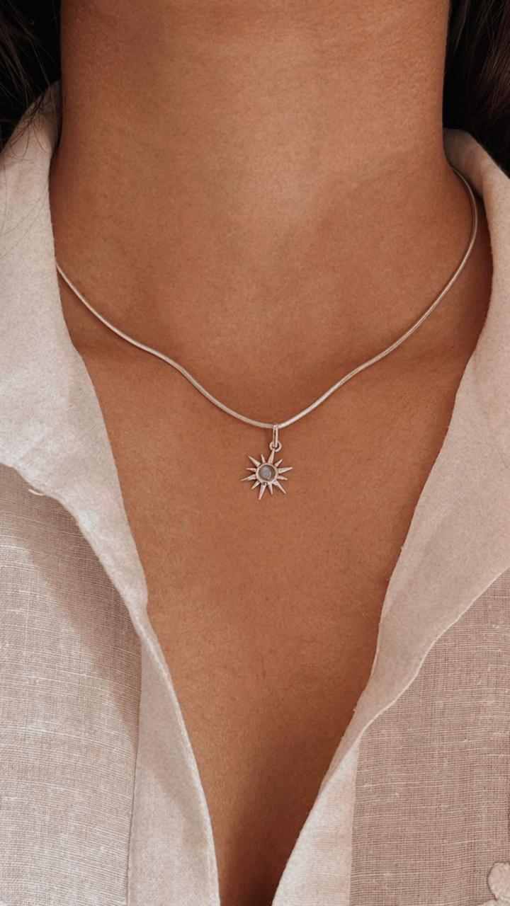 Classic Snake Chain 925 Silver Necklace with Moonstone Pendant  