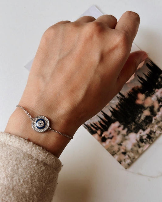 Round Evil Eye CZ Silver Bracelet for Protection