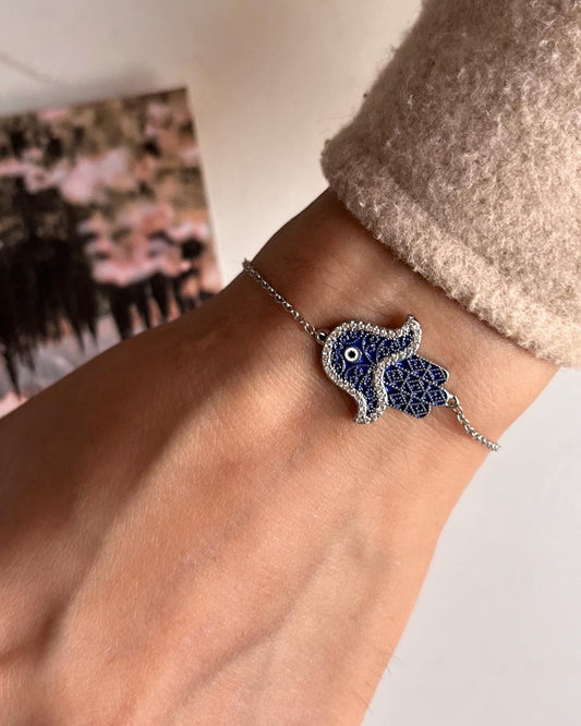 Hamsa Evil Eye CZ Silver Bracelet for Protection