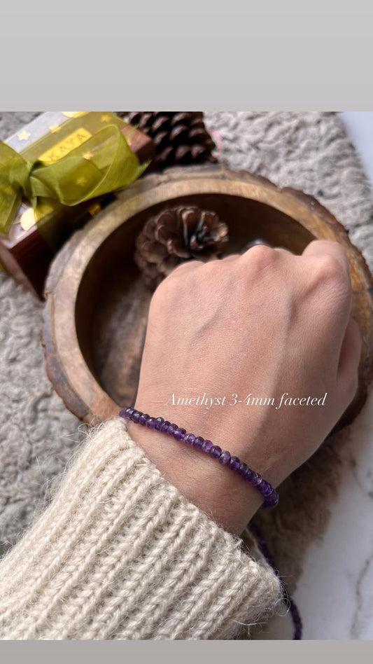 Amethyst High Quality 3MM-4MM Faceted Crystal Silver Bracelet