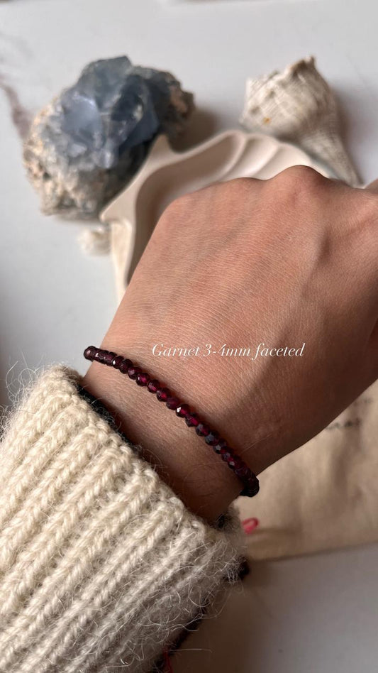 Garnet High Quality 3MM-4MM Faceted Crystal Silver Bracelet