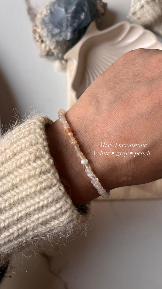 Mixed Moonstone 3MM-4MM White, Grey, Peach Crystal Silver Bracelet
