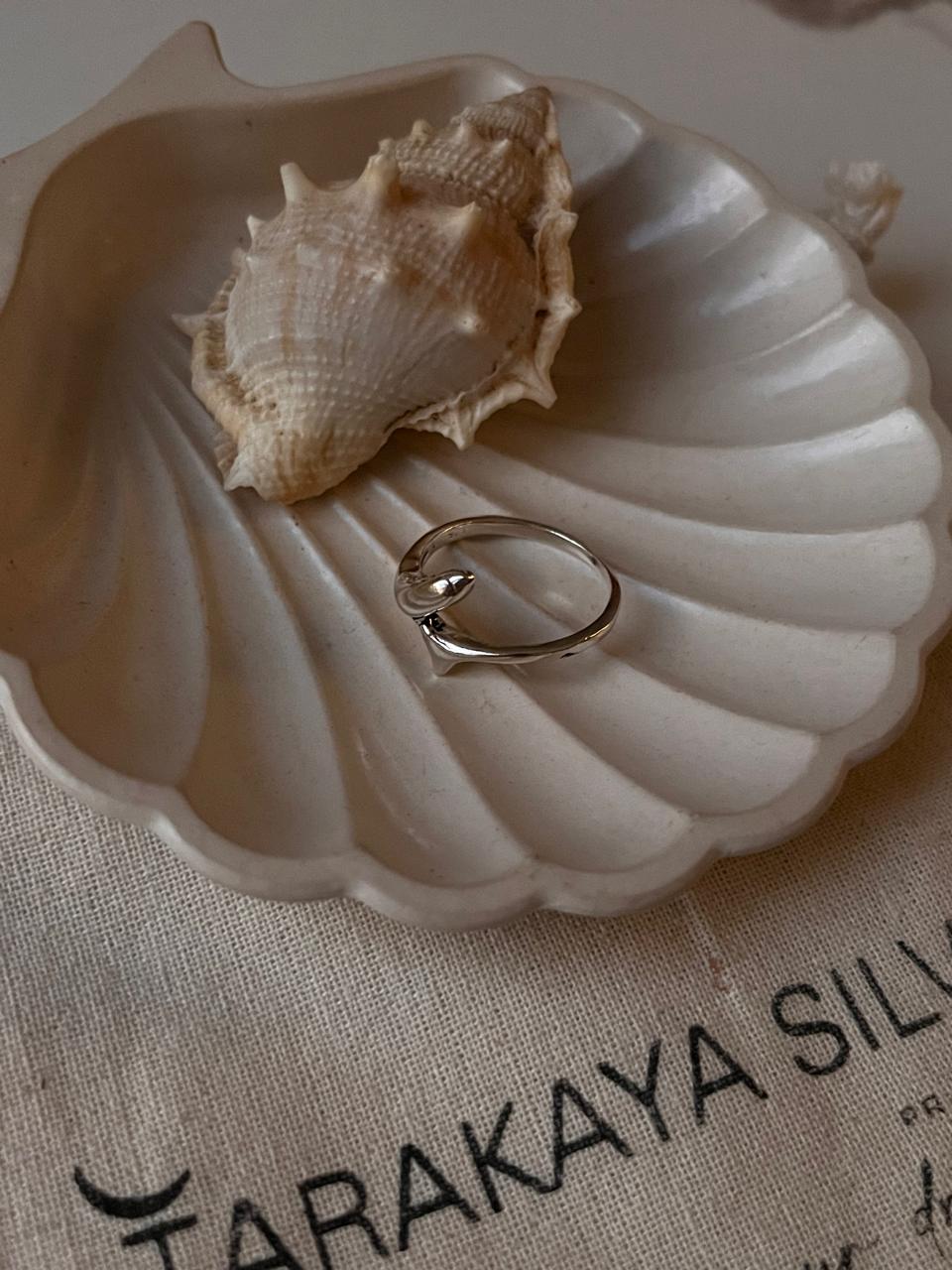 Close-up of dolphin silver ring with smooth, refined details