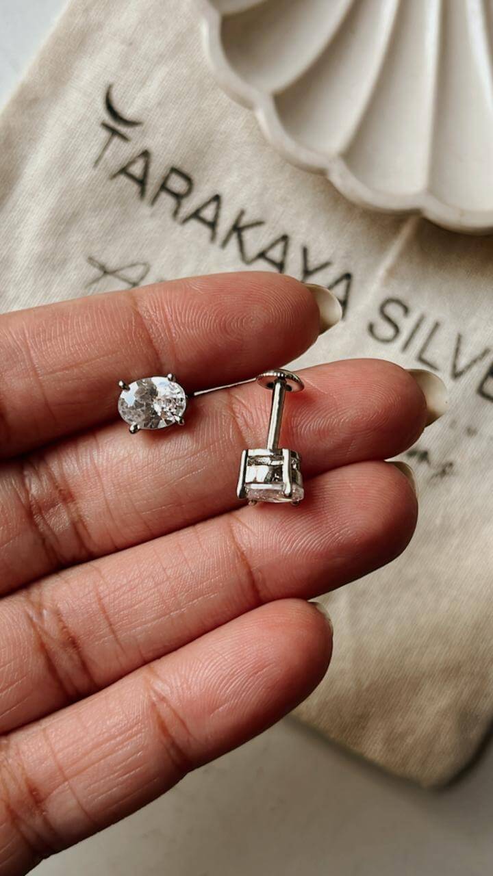 Cz Oval Cut Statement 7MM South Screw Silver Stud Earrings