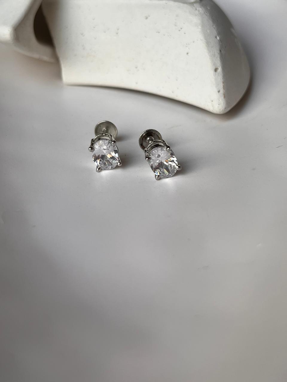 Stylish 7MM Cz Oval Cut Statement Silver Stud Earrings