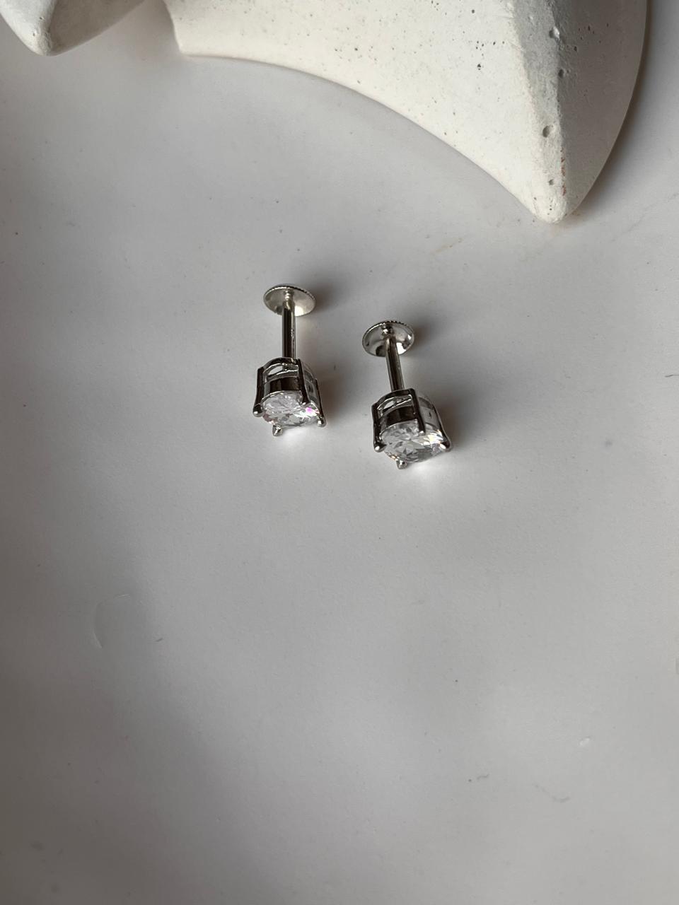 7MM South Screw Silver Stud Earrings with Cz Oval Cut