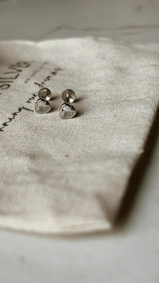 CZ Heart South Screw 4MM Silver Stud Earrings