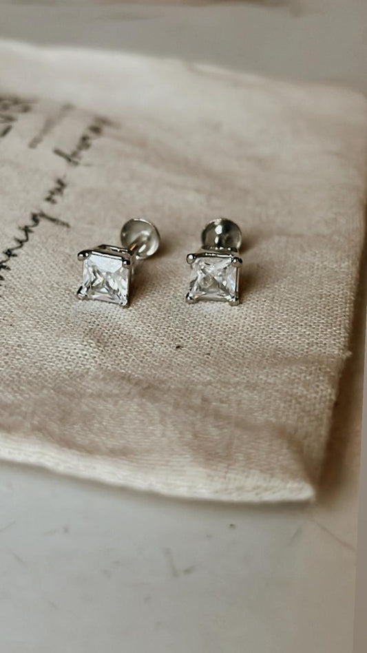 Cz Square South Screw 6MM Silver Stud Earrings