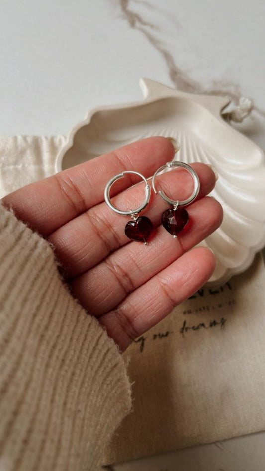 Garnet Heart Plain 925 Silver Hoop Earrings