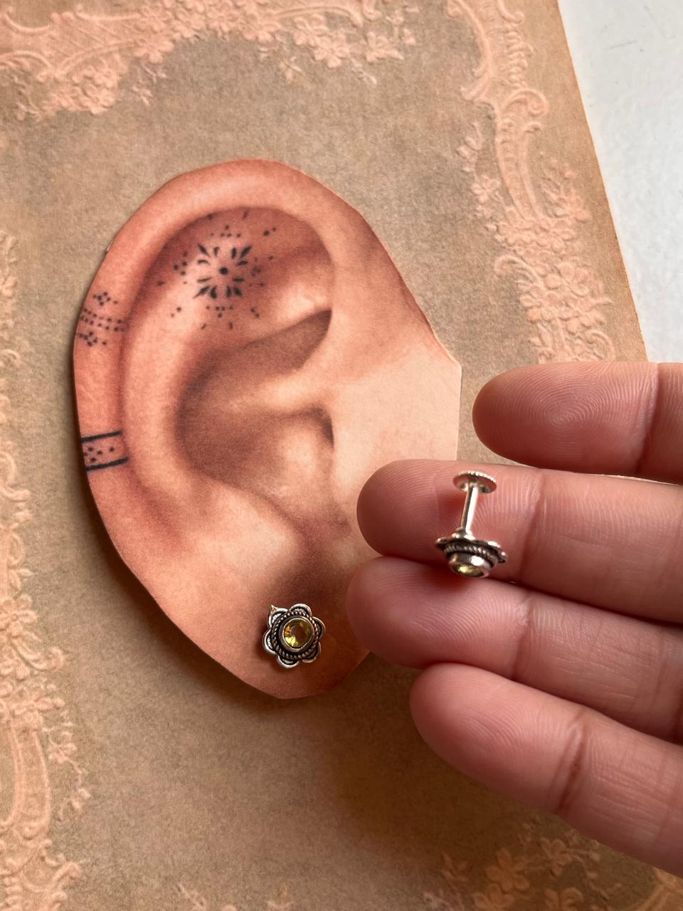 South Screw Silver Studs with Yellow CZ Flower