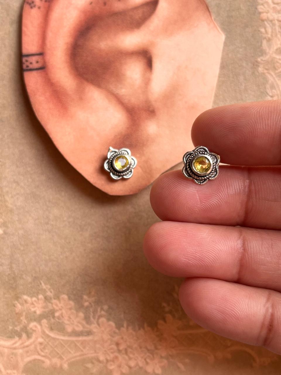 South Screw Yellow CZ Flower Silver Stud Earrings