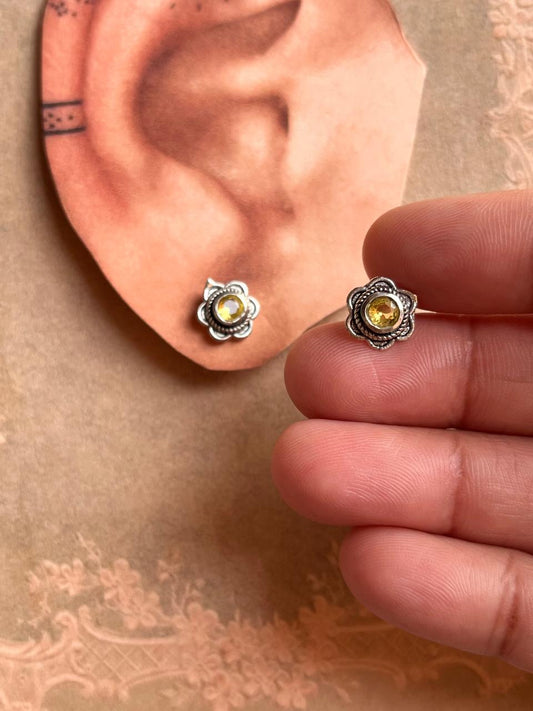South Screw Yellow CZ Flower Silver Stud Earrings